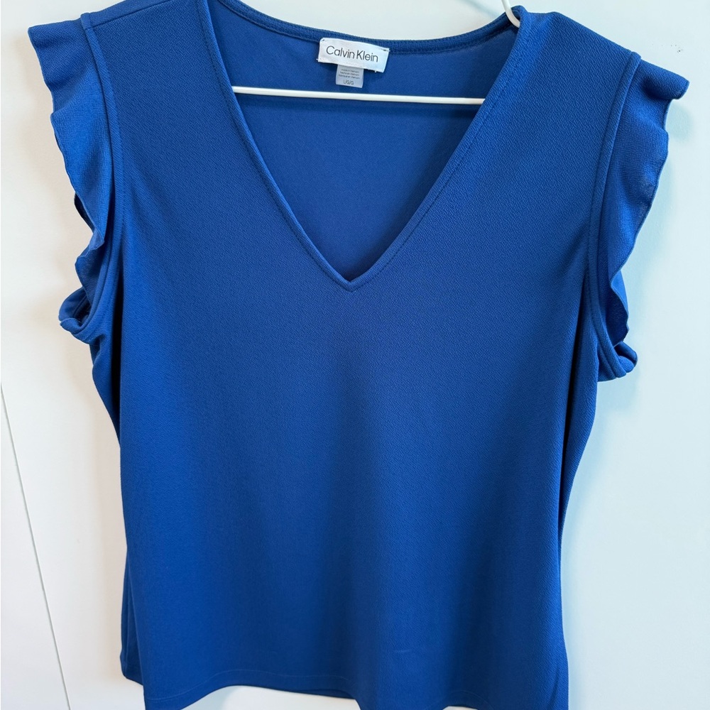 Calvin Klein Royal Blue V-Neck Ruffle Sleeve Blouse - L